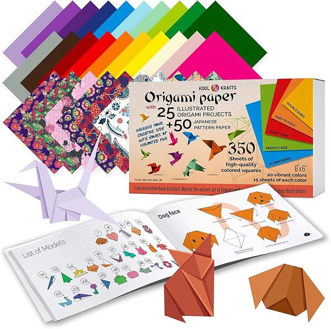 Origami Paper | 350 Origami Paper Kit | Set Includes - 300 Sheets 20 Colors 6x6 | 50 Traditional Japanese Patterns | Origami Book 25 Easy Colored Projects | Kids Crafts | Christmas Gifts for boys 8-12