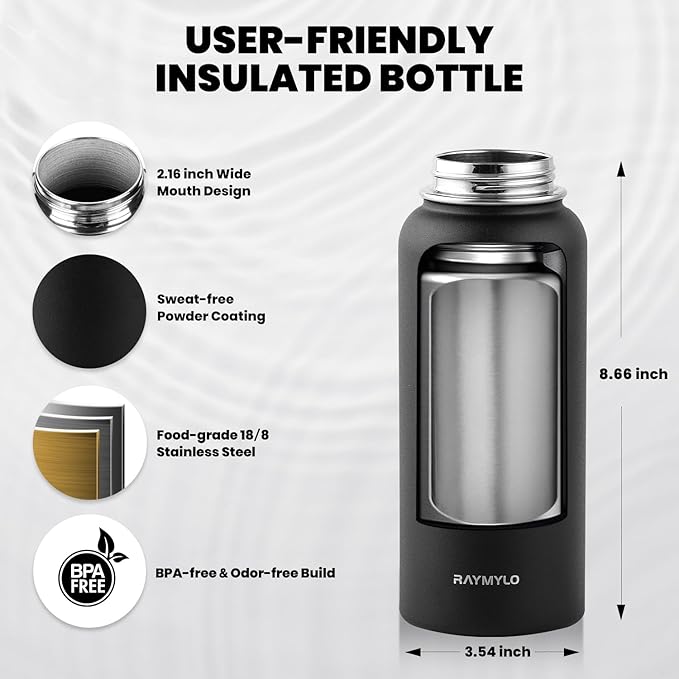 RAYMYLO Insulated Water Bottle 32 oz, Triple Wall Vacuum Stainless Steel (Cold for 24Hrs, Hot for 12Hrs), Leak Proof & Non-BPA, Modern Water Flask Jug with Paracord Handle & Straw Spout Lids