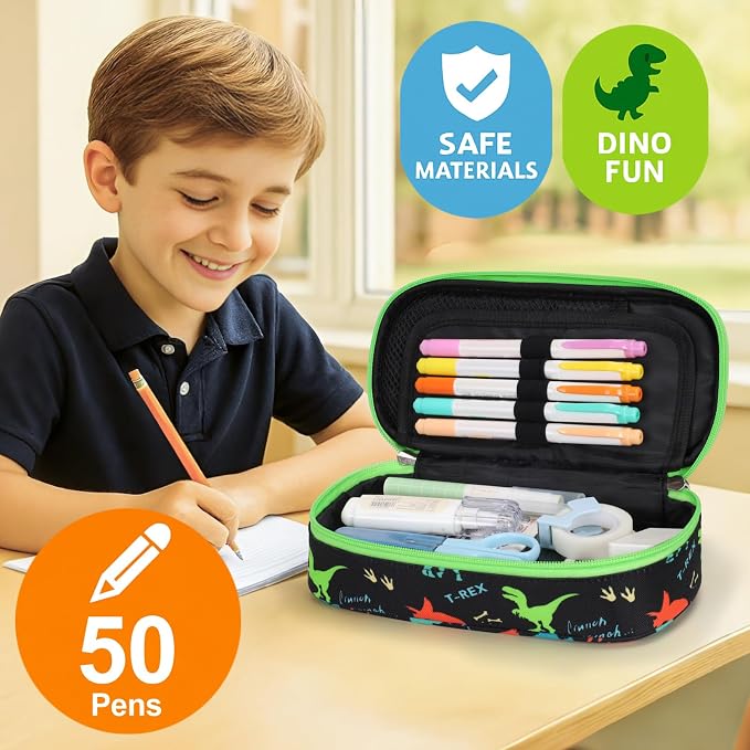 Cambond Pencil Case for Boys - School Pencil Pouch, Black Dinosaur | Cute Pencil Case for Kids Big Capacity Organizer Bag for Staionary, Aesthetic School Supplies Boys, Water-Resistent Pen Bag