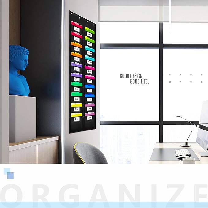 Vantasii Nylon Storage Pocket Chart with 20 Name Tag Pockets, Hanging Wall File Organizer, 4 Hooks and 20 Blank Cards, Organize Your Assignments, Files, Scrapbooks, Paper (28.5”x 47”) …