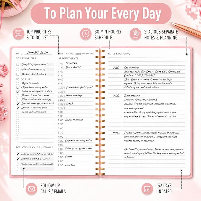 Daily Planner with Hourly Schedules - Undated To Do List Notebook, Spiral Bound, 5.5" x 8.5", Manage Your Tasks and Appointments, The Perfect Office Supplies for Women - Pink