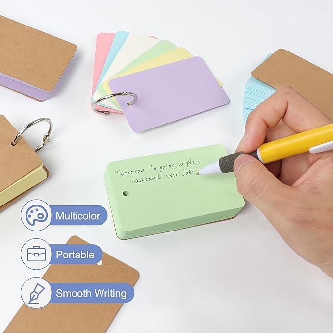 300 Sheets Blank Index Cards with Binder Ring, 6 Packs 3.54 * 2.13 Inch Colored Kraft Note Cards for Studying, Flash Card for Home, School and Office Learning and Memory