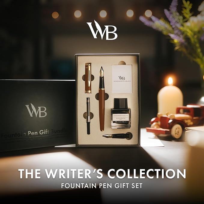 Wordsworth & Black Fountain Pen Set, 18K Gilded Medium and Extra Fine Nib, 25ML Black Bottle, 6 Ink Cartridges, Refill Converter, Smooth Writing Pens [Brown Gold], Gift Set for Men and Women