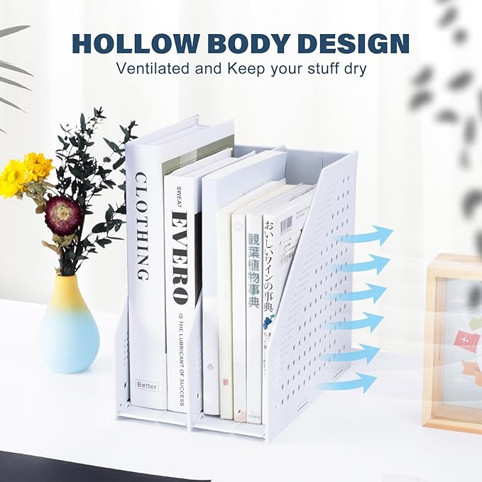 FRETONBA Collapsible Magazine File Holder with 2 Vertical Compartments Foldable Binder Holder for Desk Binder Storage Organizer Plastic Magazine Holders for Shelf, Light Gray