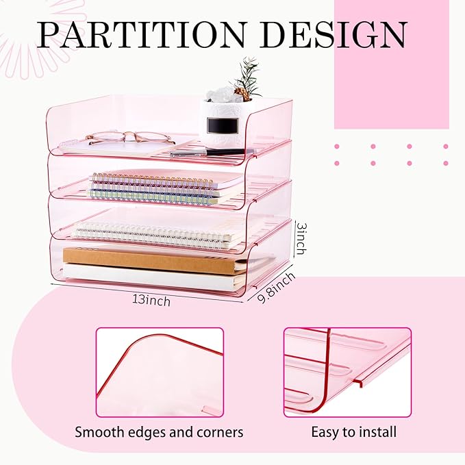 Harloon 4 Tier Pink Acrylic Paper Organizer 13 x 9.8 x 3 Inches Letter Tray Desk File Organizer Stackable Documents Clear Letter Paper Holder Office Tray for A4, Office Home File Desktop Storage