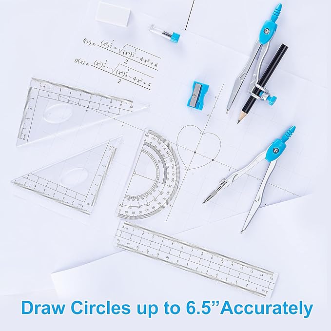 Math Geometry Kit Set 10 Pieces with Shatterproof Storage Box, Student Supplies Drawing Compass Includes Protractor, Rulers, Compass, Pencil Sharpener, Lead Refills, Pencil, Eraser(Blue)