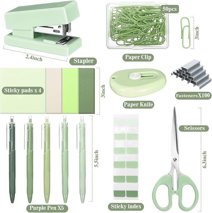 Mini Green Office Supplies Kit Green School Supplies Christmas Gift Desk Accessories with Gel Pens Sticky Notes Stapler Scissor Paper Clips Index Tabs Box Cutter for Christmas Gifts Office