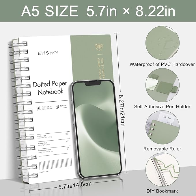 EMSHOI Dotted Journal Spiral Notebook, 300 Pages, A5 Small 5.7"x8.22", 100 GSM Thick Paper, Flexible Plastic Cover, 5mm Dot Grid Notebook for Journaling, Planning, Drawing, Writing, Light Green