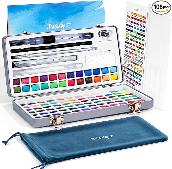 JusArt 108 Colors Watercolor Paint Set,Art Supplies with Metallic Color, Detail Painting Brushes, Water Brush Pens, Portable Travel Watercolor Painting Set for Adult, Artists, Professionals