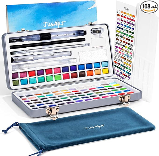 JusArt 108 Colors Watercolor Paint Set,Art Supplies with Metallic Color, Detail Painting Brushes, Water Brush Pens, Portable Travel Watercolor Painting Set for Adult, Artists, Professionals
