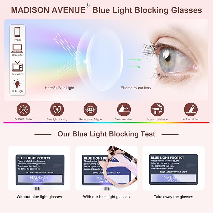Madison Avenue Blue Light Blocking Glasses Oversized Fashion Blue Light Glasses for Women Anti Eyestrain & UV Protection Computer Eyeglasses (Gradient Brown)