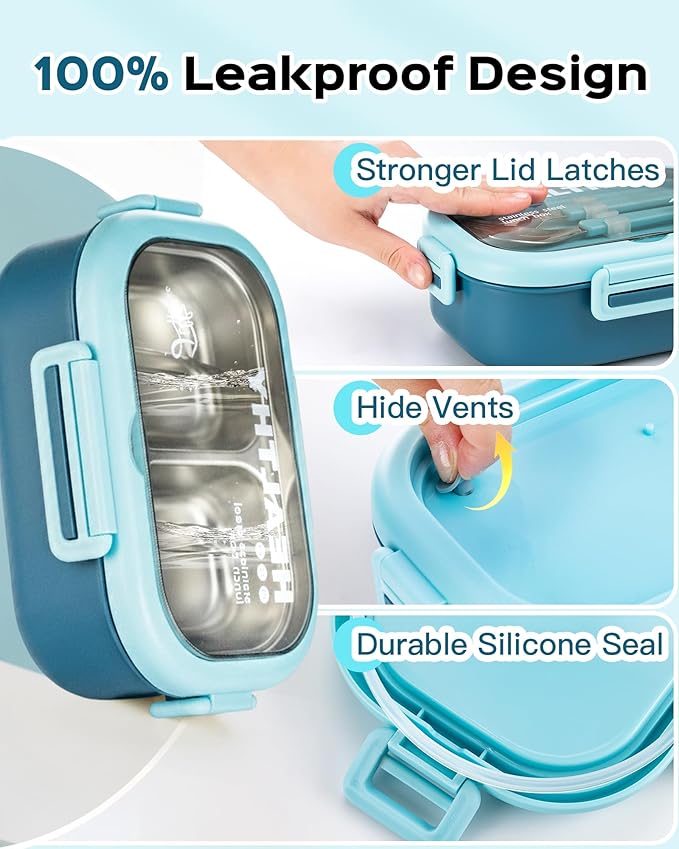 Lille Home 28oz Stainless Steel Leakproof 2-Compartment Bento Lunch Box/Portion Control Food Container with Lunch Bag and Cutlery Set, BPA Free (Light Blue)