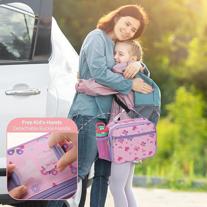 Bagseri Kids Lunch Bag Girls - Thermal Insulated Lunch Box Tote with Water Bottle Holder, Reusable Leak-Proof Kids Lunch Box for Daycare & School, Pink Butterfly (Containers Not Included)