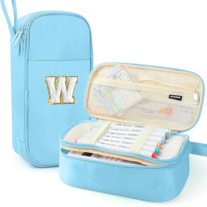 Large Pencil Case,Big Capacity Pencil Pouch,Personalized Initial Pencil Bag with smooth zipper,Multiple Pockets,Cute Aesthetic Stationery Pen Case Bag for Teen Girls College (Blue, W)