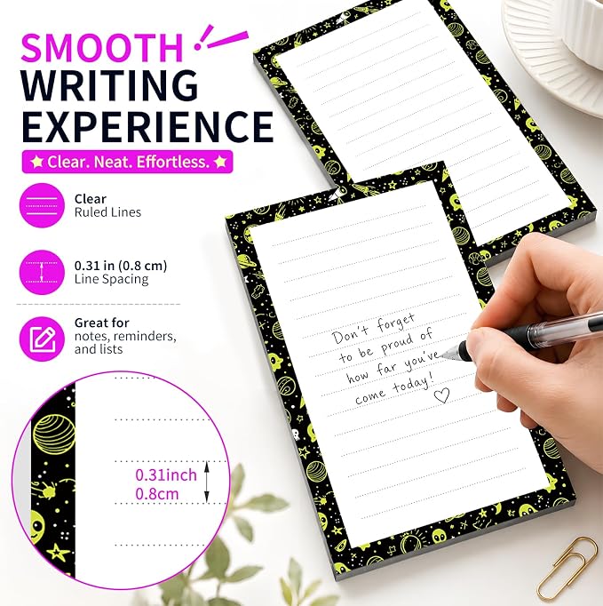 Lined Sticky Notes 4x6 in, 2 Pack Large Cute Notepads with Lines Self-Stick Note Pad, Funny Memo Pads Strong Adhesive for Office, Home Black Green Aliens