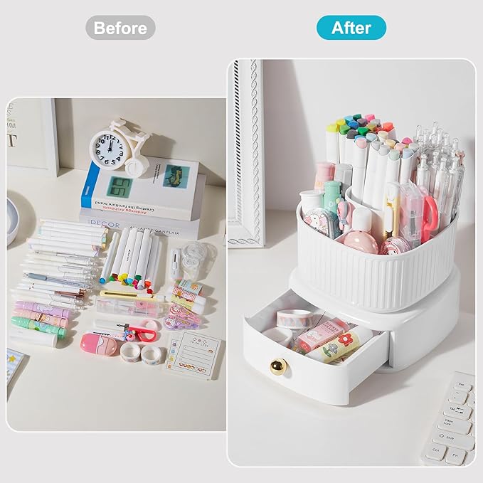 Pencil Pen Holder with Drawer, 5 Slots 360 Degree Rotating Pen Organizer For Desk, Desktop School Supplies Desk Accessories for Office School Home Art Supply White