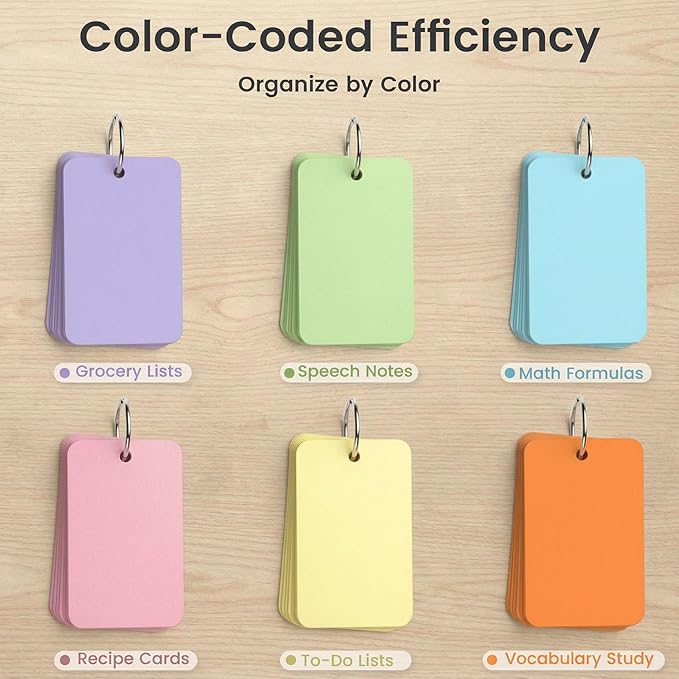 Koogel 1080PCS Index Cards with Rings for School, 2.2 x 3.5 Inch, Colored Flash Cards for Studying, Portable Notecard for Classroom Tests Preparation Teacher Education Office Supplies, 6 Colors