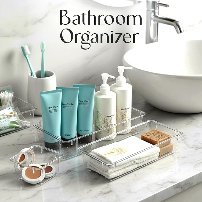 KICHLY 25 Piece Clear Drawer Organizer Set – Multi Size Storage Trays for Bathroom, Vanity, Makeup, Kitchen Utensils, Office & Bedroom - Office Desk Organizers & Caddy