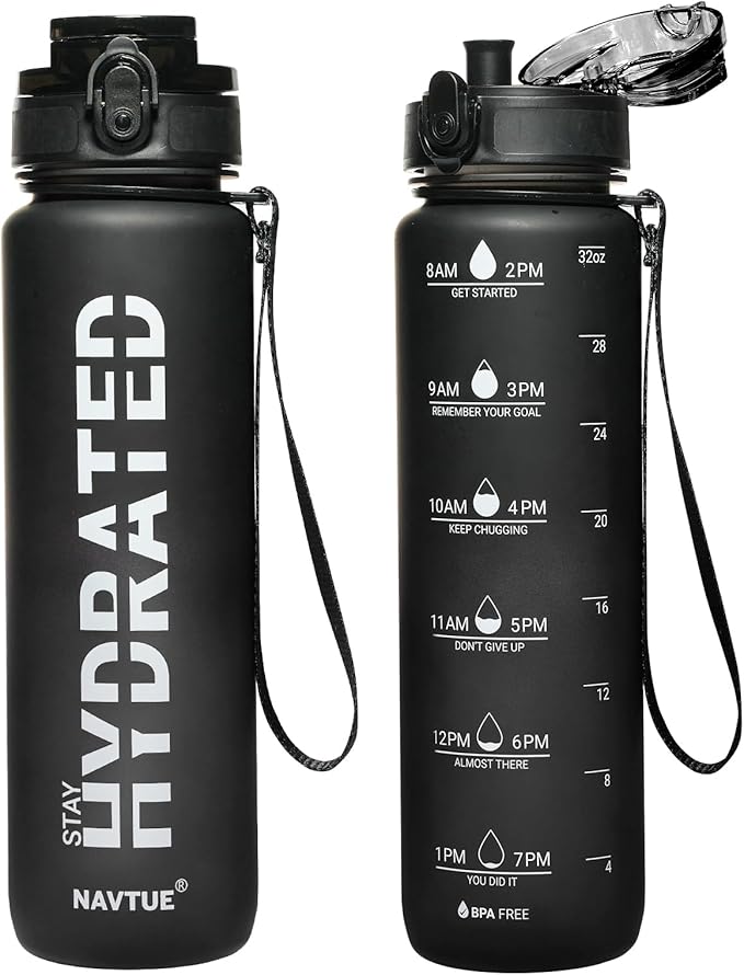 Water Bottle, 32 oz Sports Water Bottles with Time Marker Wide Mouth, Motivational and Leakproof Drink Bottle, BPA Free Tritan with Carry Strap for Gym Fitness Outdoor(1 Bottle)