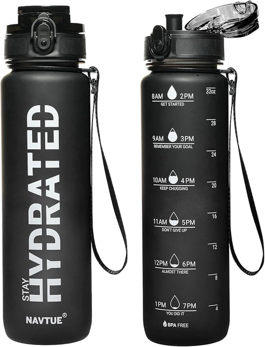 Water Bottle, 32 oz Sports Water Bottles with Time Marker Wide Mouth, Motivational and Leakproof Drink Bottle, BPA Free Tritan with Carry Strap for Gym Fitness Outdoor(1 Bottle)