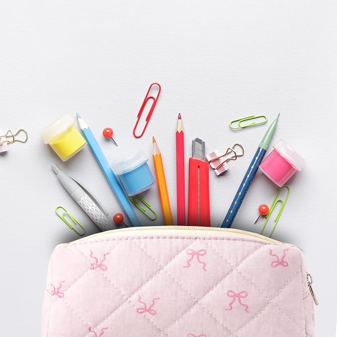 Sherr Coquette Bow Pencil Case Pink Bow Cute Pencil Pouch Soft Cotton Storage Bag Aesthetic Pattern Gift Makeup Pouch Cosmetic Travel Bag for Women