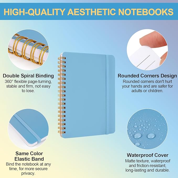 Utron 3 PCS Small Spiral Notebook 5x7, Notebooks for Note Taking, Blue Color Scheme Spiral Journal Notebook, Work Notebook Small Notebooks 5x7 with Strap, Cute Notebooks for Women 70 Sheets/Note Books