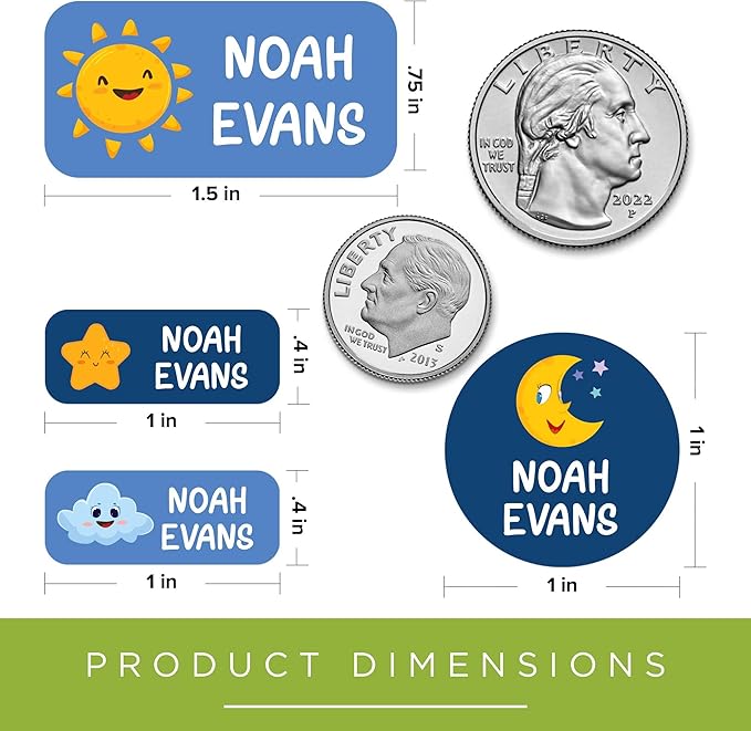 Personalized Daycare Name Labels for Kids, (130Pack) Waterproof Custom Name Stickers for Clothing Tags, Lunch Boxes and School Supplies, Made in USA by MSC -Sun