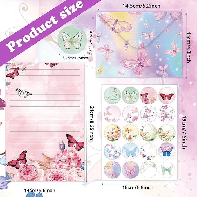160 Pcs Stationery Paper Envelopes Set Includes 50 Lined Writing Paper & 50 Envelopes with 60 Round Dot Stickers, Cute Vintage Butterfly Letter Writing Stationery Paper Envelopes Gift(10Style)