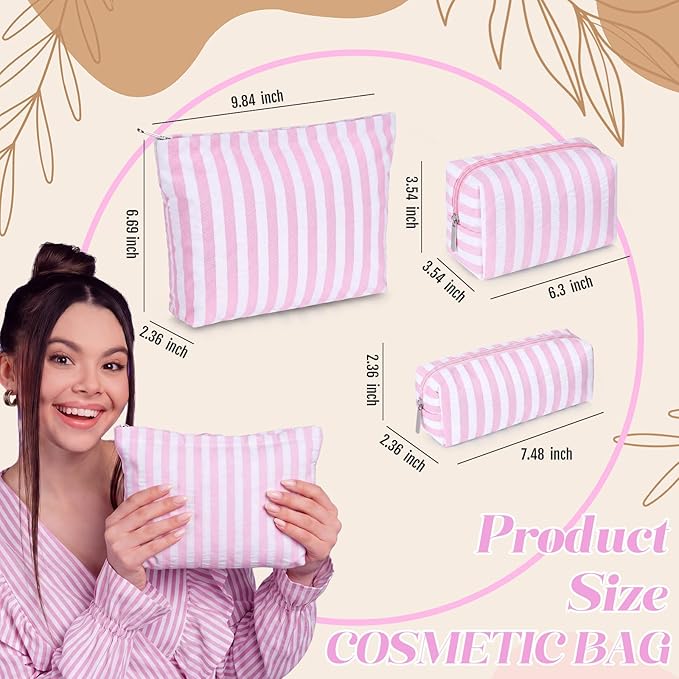 Huhumy 3 Pcs Makeup Bag Set Cute Cosmetic Pouch for Women Aesthetic Seersucker Travel Toiletry Bag Set Preppy Small Makeup Purse Pouch Wide Stripe Cosmetic Organizer Pencil Case with Zipper(Pink)