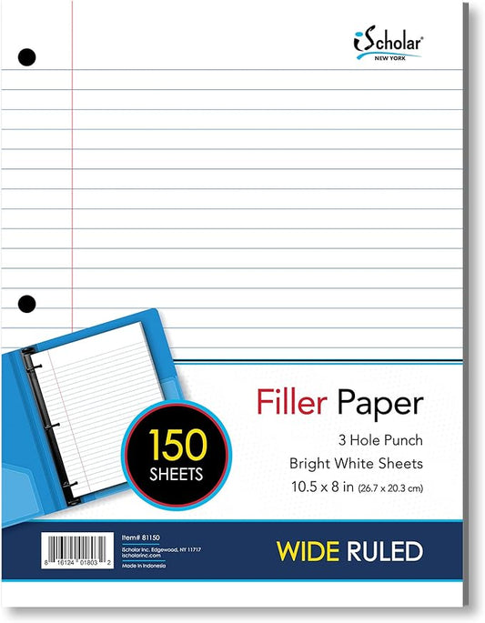 iScholar Wide Ruled Filler Paper, White, 10.5 x 8-Inches, 150 Sheets per Pack (81150)