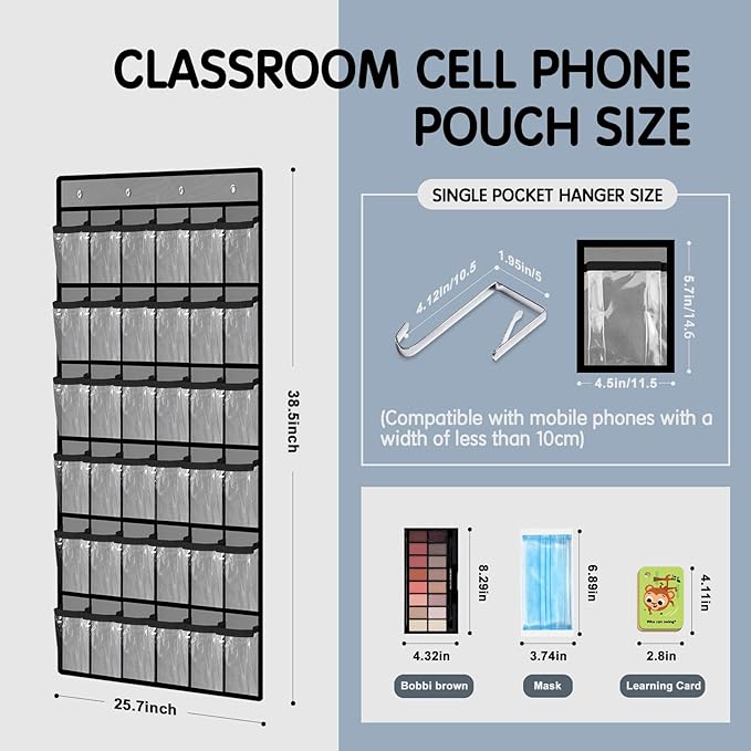 Kotkn 36 Pocket Charts for Classroom Cell Phones, 36 Clear Pocket Charts with Numbered Stickers, Classroom Hanging Cell Phone Organizer, Hangs on Wall, Door Storage Hooks (Gray)