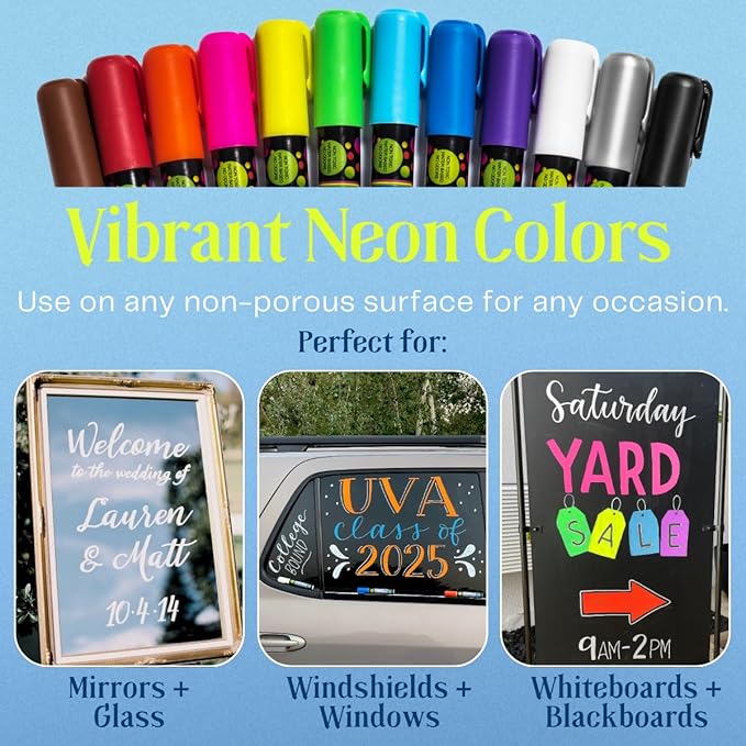 MoodClue Liquid chalk markers 12 neon erasable Whiteboards, glass boards, chalkboards, windows, mirrors, car windshields, auto, glass. Odorless, non-toxic. Wet or dry erase. Thick and thin tip