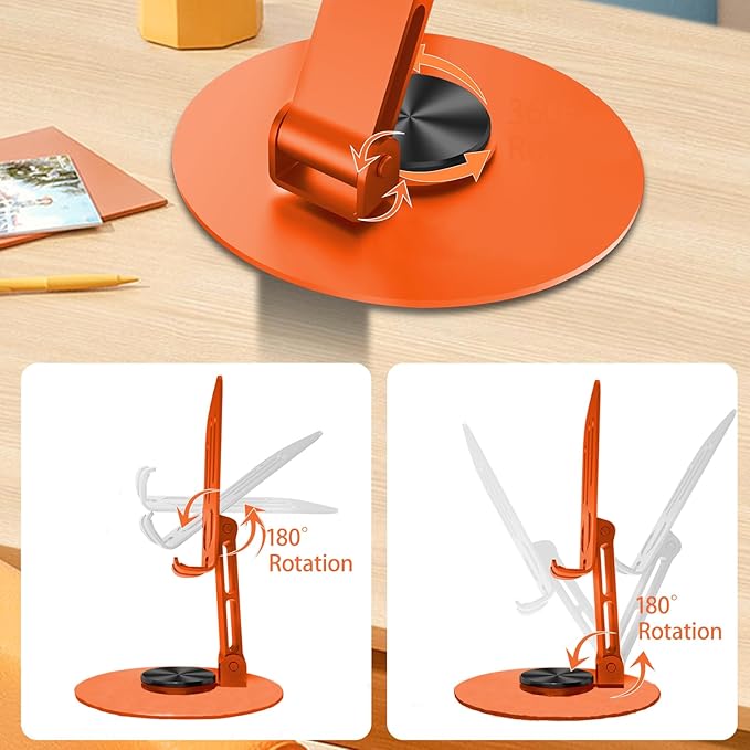 Universal Metal Cell Phone Stand, Multi-Angel Adjustable 360° Rotation Non-Slip Metal Phone Stand Compatible with iPhone 17 16 Pro Max and All Smartphones (Orange&Orange)