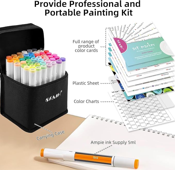 SFAIH 48 Colors Alcohol Markers - Dual Tips Art Set, Brush & Chisel Nibs, Ideal for Artists & Adults, Coloring, Drawing & Illustration, Includes 1 Blender