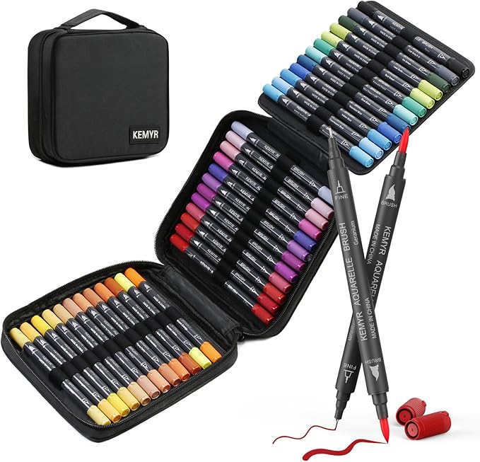 KEMYR Markers for Adult Coloring Books: 36 Color Dual Tip Fine & Brush Pens Water-Based Coloring Marker for Adults Drawing Sketching Bullet Journal Writing Lettering No bleeding