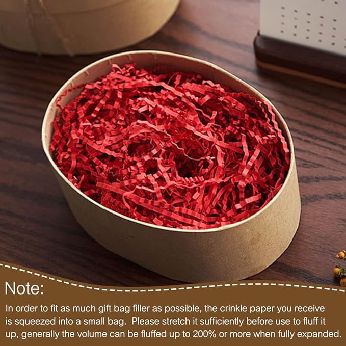 LYARCHTE Crinkle Paper Filler 5.2 oz, Crinkle Cut Paper Shred Filler Shredded TissueRaffia Grass Paper for Gift Basket Packing Bag Filler (Red)
