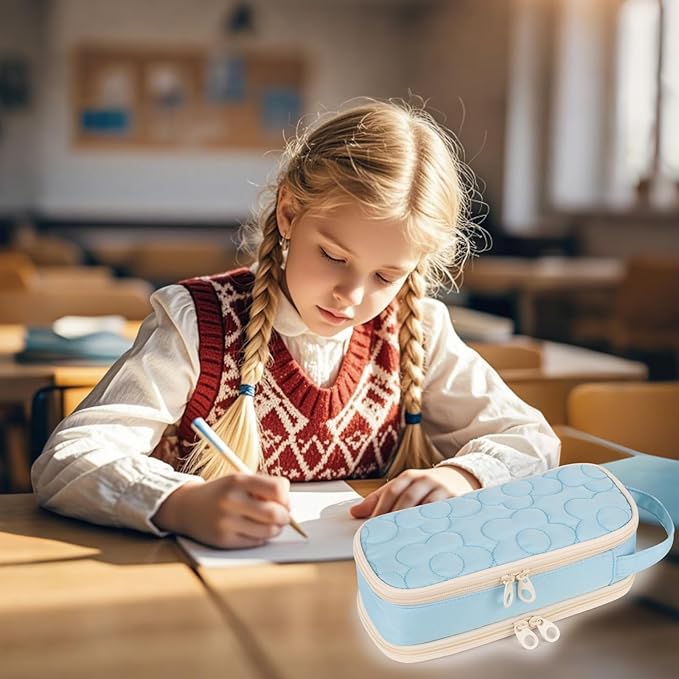 Pencil Case For Girls,Flower Quilted Large Capacity Pencil Pouch With 2 Compartment, Zipper Pencil Bag With Handle, Women Soft Pencil Box For Middle School Office College