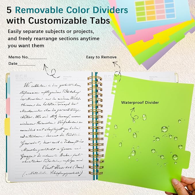 Hardcover Spiral Notebook with Removable Dividers & Tabs, 8"x10" 5 Subject Notebooks for Work, 300 Pages College Ruled Notebook, B5 Sparkle Lined Journal for Women Girls Note-Taking (Cyan)