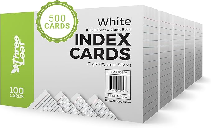 THREE LEAF 4 X 6, INDEX CARDS RULED, 500 CT. (100 x 5) WHITE, Ruled Flash Cards, Study Card, Memo Pad, For To-Do List, Art And Craft Projects