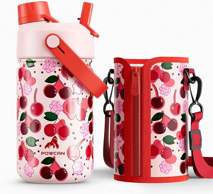 12 oz Kids Insulated Water Bottle for School: 2-in-1 Straw Spout Lid, Leakproof, Keep Cold 24H, Stainless Steel Cup with Leather Sleeve for Travel, Camping, Gift for Girl Daughter (Twinkleberry Patch)