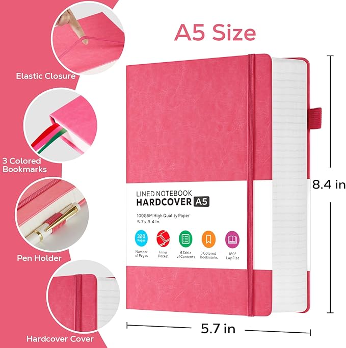 FOCUS DAY Lined Journal Notebook for Women/Men Writing Work, 320 Pages Hardcover Pink Leather Daily Diary Journals Note book College Ruled for Note Taking, A5 (5.7'' X 8.4'')