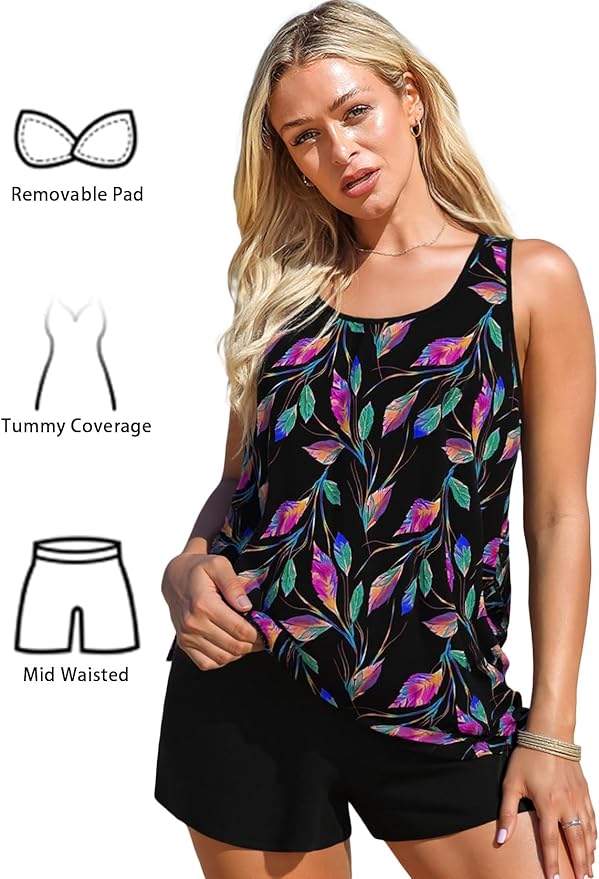 Modlily Modest Two Piece Tankini Swimsuits, Tropical Plants Print Bathing Suits, Casual Tank Top with Board Shorts