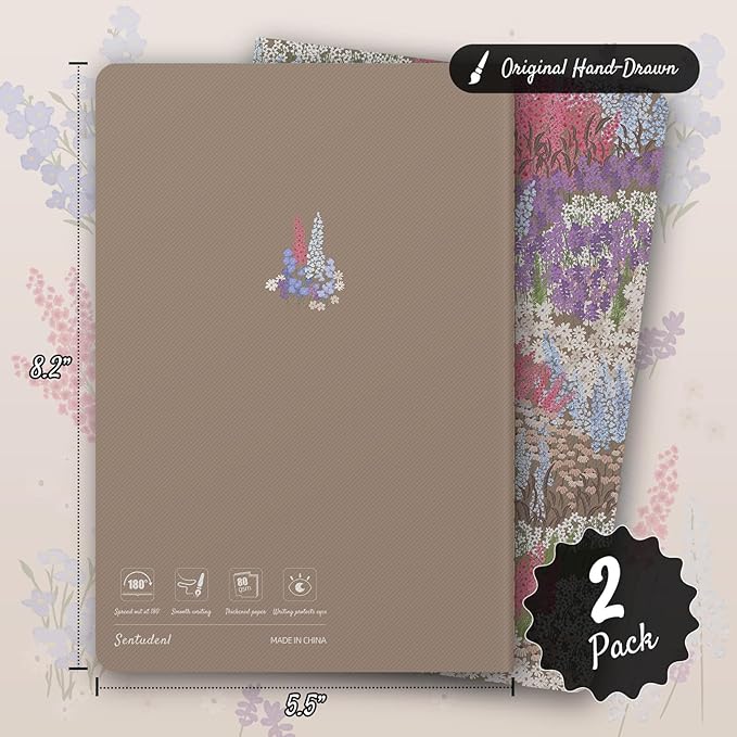 Stitched Composition Notebooks 2-Pack with Unique Art Designed Cover, A5 Lined Diary (8.2"L*5.5"W), Lay Flat Design, Thicked Paper Writes Smoothly for School and Office (Garden)