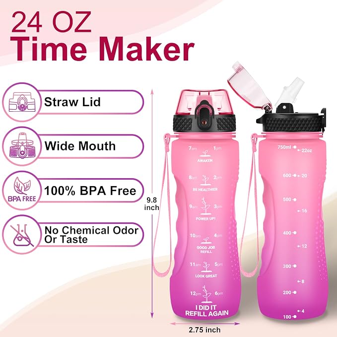 24 OZ Motivational Kids Water Bottle With Time Marker,Straw Lid,Leak Proof, Tritan BPA Free Sports Water Bottle Pink Purple(1 Lid)