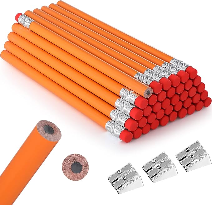 Fainne 48 Pcs Fat Pencils Jumbo Big Thick Large Pencils and 3 Pieces Sharpeners for Kids Beginners Preschoolers Kindergarten School Office Supplies(Orange+Silver,Round)