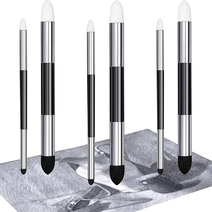 Kosiz 6 Pcs Blending Sponge Pen Double Headed Rub and Buff Washable Sketch Rubbing Sponge Brush Wipe Reusable Blending Stump Drawing Art Blenders for Artist Highlight Shadow Detail Tool (White,Black)