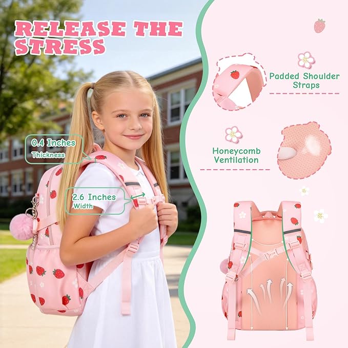 MOONBABY Kids Backpack for Girls, Fits 15.6 Inch Laptop Large Capacity School Bookbag, Girls Backpack with Lovely Pendant, Back to School Bag for Elementary Primary Students Teen Ages 6-12, Pink