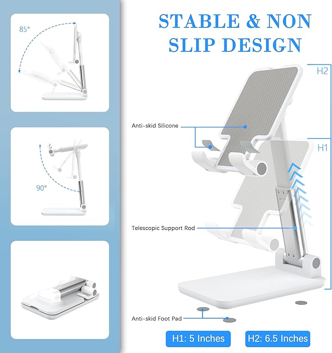 Cell Phone Stand, Adjustable Angle and Height Cell Phone Holder for Desk, Foldable and Portable, Anti-Slip Silicone Pad, Compatible with All Mobile Phones and 4-8 Inch Devices, White
