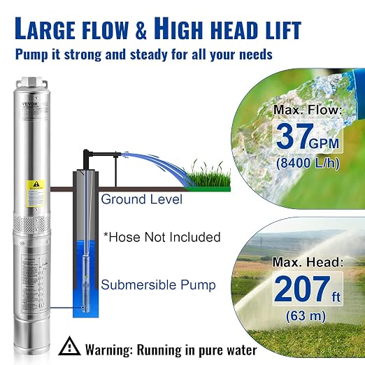 VEVOR Deep Well Submersible Pump, 1HP 115V/60Hz, 37gpm Flow 207ft Head, with 33ft Electric Cord, 4" Stainless Steel Water Pump for Industrial, Irrigation&Home Use, IP68 Waterproof Grade | for Industrial Irrigation & Home Use, 4" Stainless Steel Water P...