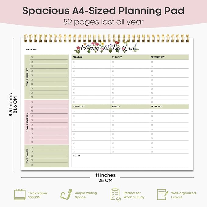 Weekly To Do List Notepad with 52 Undated Sheets（8.5"×11"）- Weekly Desk Planner for Women & Man, Work and Home - Soft Botanica